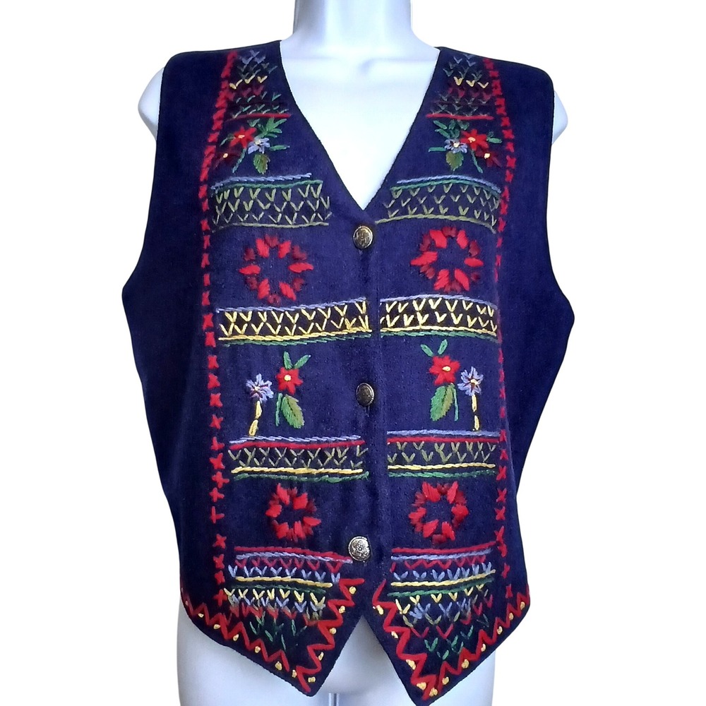 Erika Classics Vintage Wool Blend Embroidered Vest Women M Cottagecore Folk Boho
